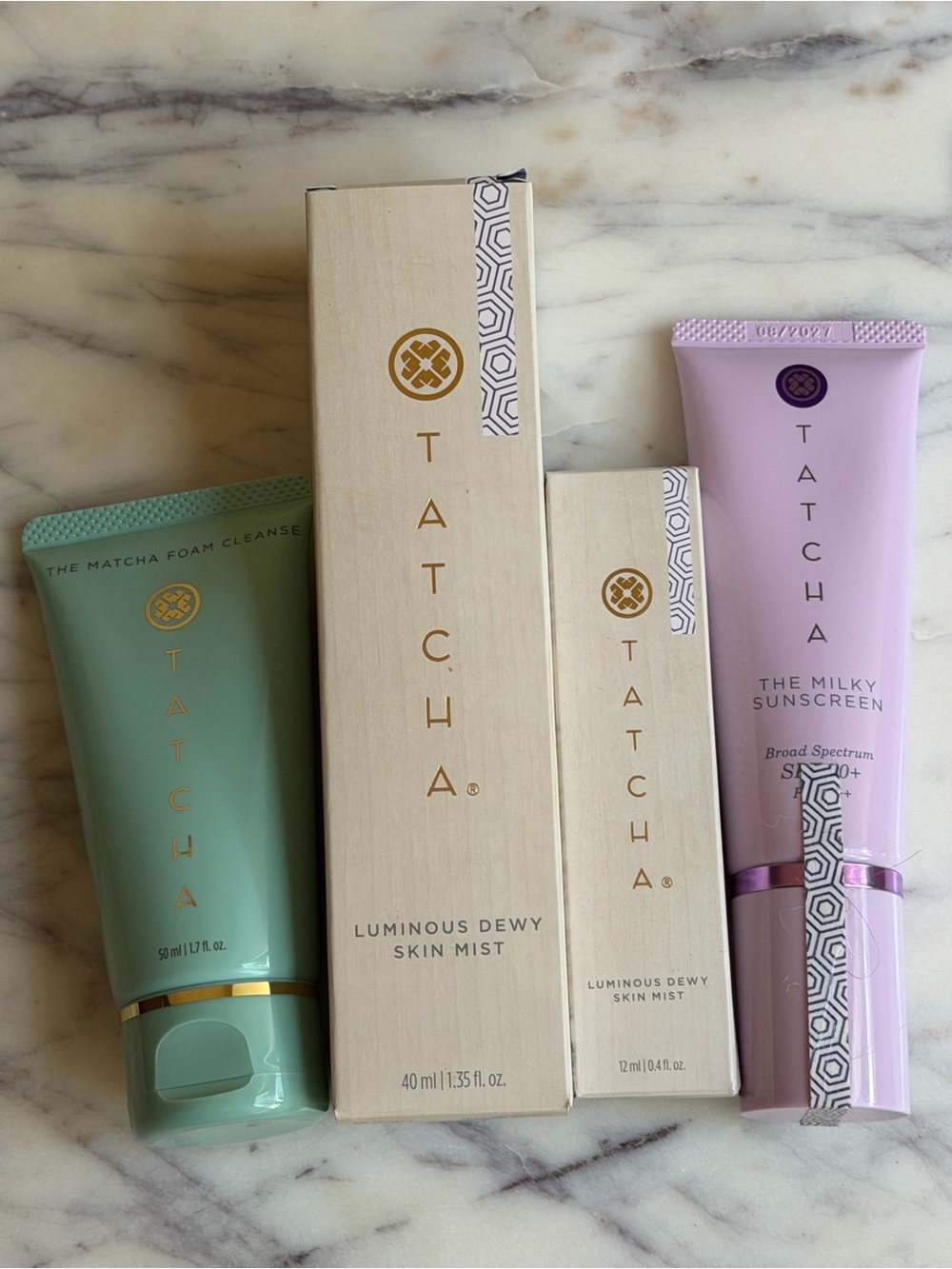 Tatcha Skincare Bundle Milky Sunscreen Dewy Skin Mist Matcha Cleanse NEW $141